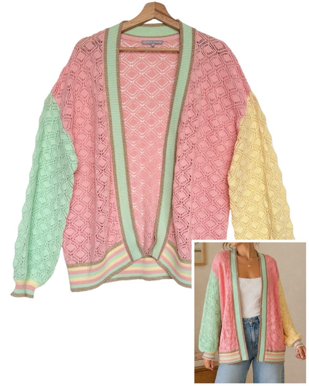 Oliver Bonas Oversized Pastel Gold Shimmer Cardigan Cotton Colorblock UK 8 US 4